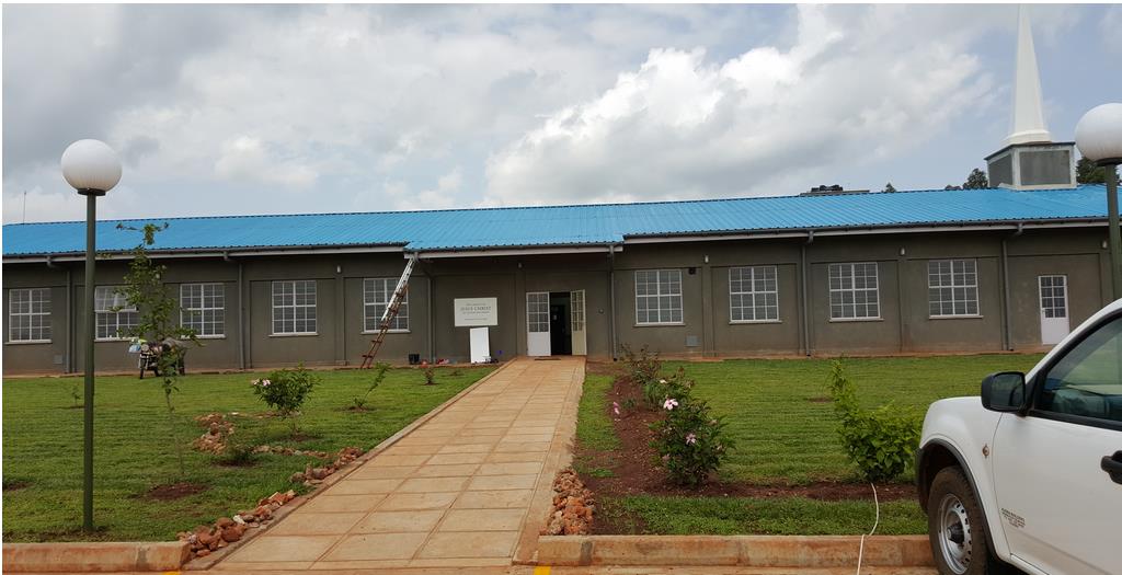 Church institutional building and landscaped approach